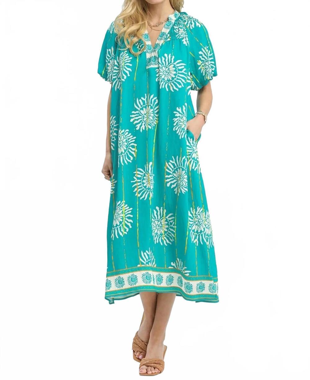 NEW UMGEE collar smocked v neck midi dress in turquoise